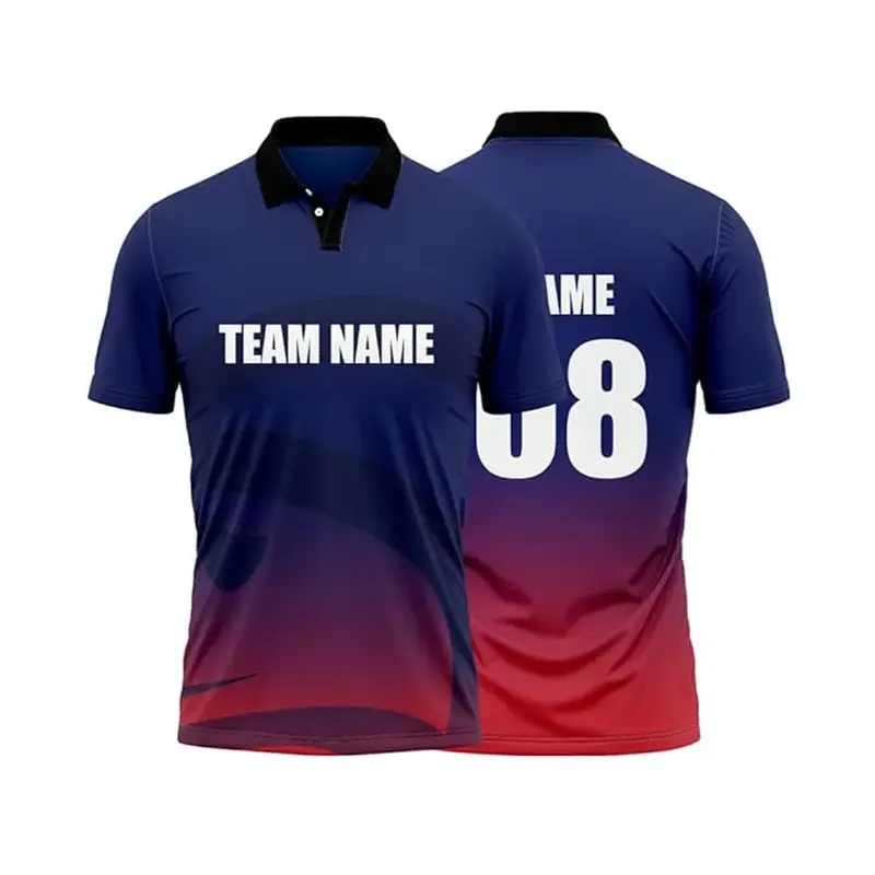 blue and red cricket jersey team name on front and back with white background
