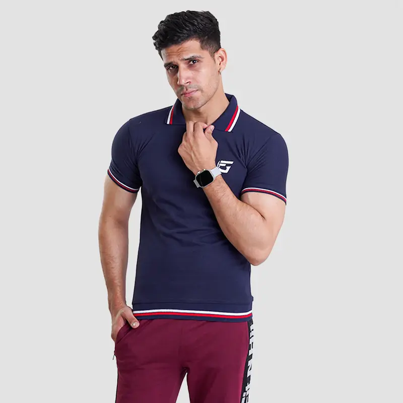 male wearing blue custom polo shirt with white background