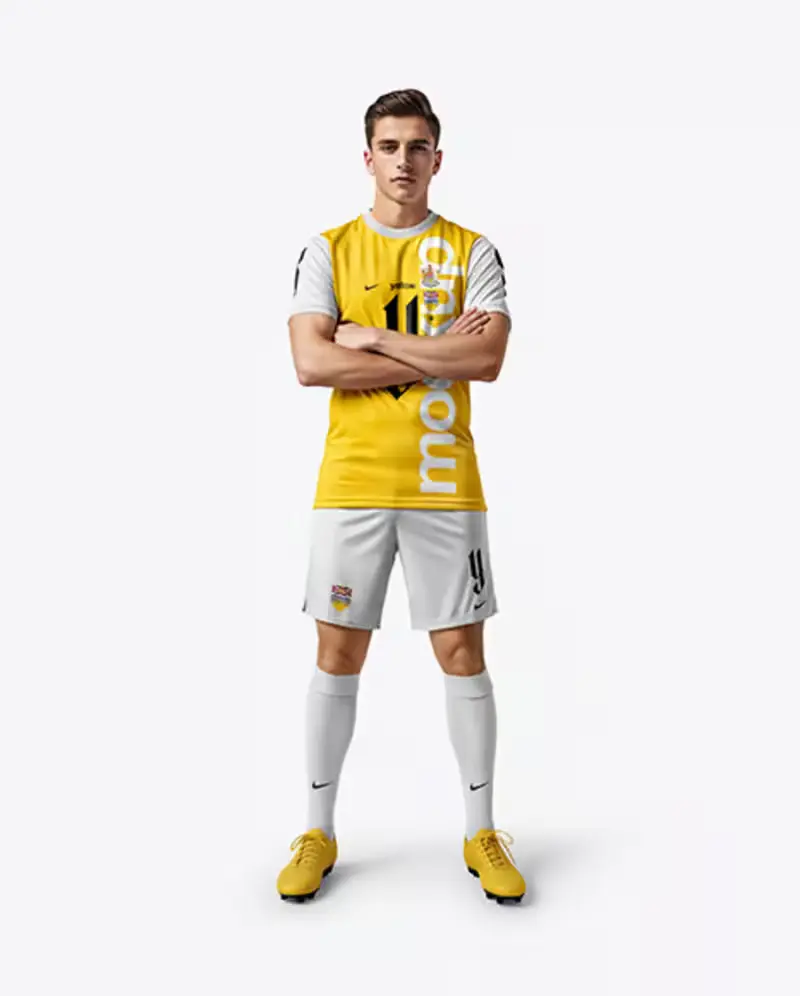 player wearing custom soccer uniform in yellow and white color printing on front with white background