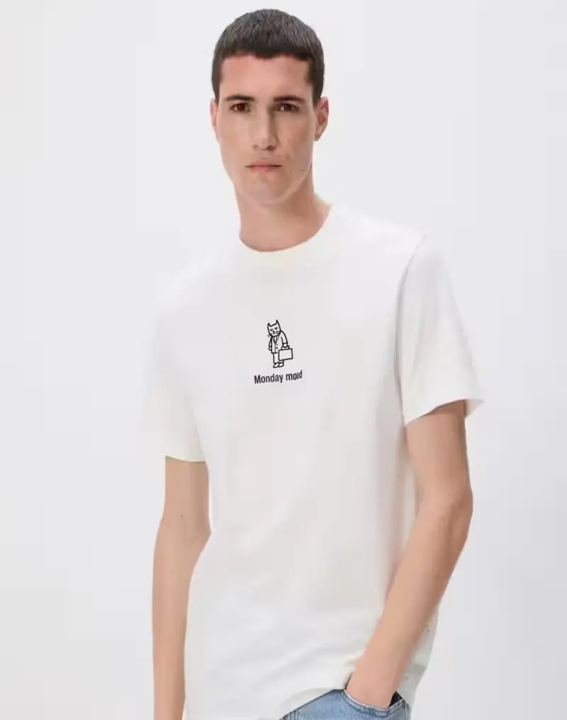 male wearing white t shirt printing on front with white background