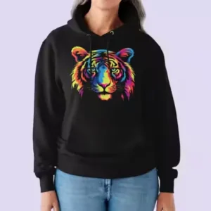a woman wearing a black sweatshirt with a tiger face