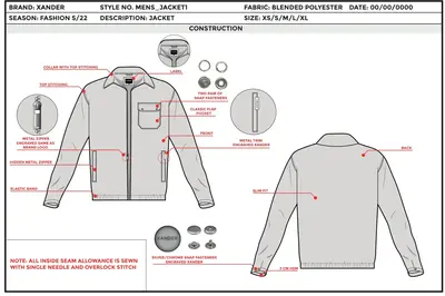 tech pack design made for clients by cheez clothing company